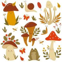 Vector autumn pretty set with mushrooms in the forest isolated on white background