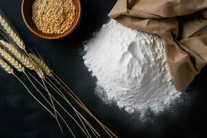 Grain sprinkled flour sits on a table next to a bowl of wheat and a bowl of oats photo