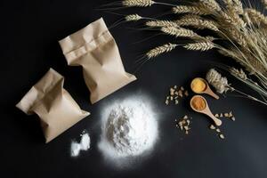 Grain sprinkled flour sits on a table next to a bowl of wheat and a bowl of oats photo