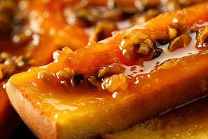 papaya toast, macro shot of a fresh breakfast with Dripping Honey, AI Generated photo