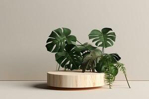 Wooden product display podium with blurred nature leaves on green background 3d rendering photo