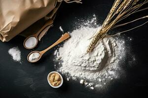 Grain sprinkled flour sits on a table next to a bowl of wheat and a bowl of oats photo