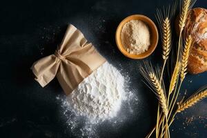 Grain sprinkled flour sits on a table next to a bowl of wheat and a bowl of oats photo