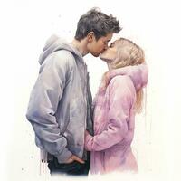 A couple in love hugs and kisses. A young man and a woman kiss. Watercolor illustration. photo