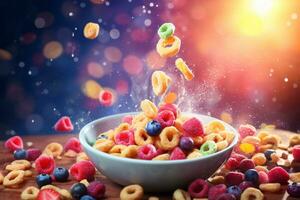 Cereal with milk. A plate with a quick breakfast. Colorful background with glitter. photo