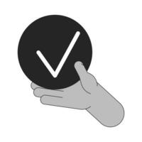 Holding bullet point with check mark bw concept vector spot illustration. Completed task 2D cartoon flat line monochromatic hand for web UI design. Editable isolated outline hero image