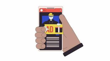 Hand holding phone with click fraud line 2D animation. Getting advertisement from cybercriminal 4K video motion graphic. Online advertising linear animated cartoon flat concept, white background