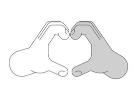 Heart shape flat monochrome isolated vector hands. Love gesture. Multinational hands. Editable black and white line art drawing. Simple outline spot illustration for web graphic design