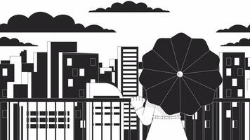 Umbrella woman looking at city sunset bw lo fi animated background. 80s retro lofi aesthetic wallpaper cartoon animation. Cityscape with moving clouds monochrome linear chill 4K video motion graphic