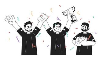 Men celebrating victory monochrome concept vector spot illustration. Winning. Teammates with cup. Party with confetti 2D bw cartoon characters for web design. Isolated editable hand drawn hero image