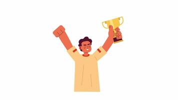 Award winning middle eastern athlete man 2D character animation. Excellence leader flat cartoon 4K video, transparent alpha channel. European male hands up trophy animated person on white background video