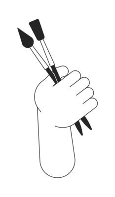 Painting brush in hand flat monochrome isolated vector hand. Creative hobby equipment. Painting tools. Editable black and white line art drawing. Simple outline spot illustration for web design
