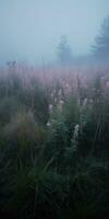 Gloomy Meadow, A dark and foreboding meadow landscape with a thick and colorful fog AI Generated photo