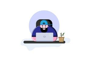 a man with a beard and a hat is sitting at a desk with a laptop vector