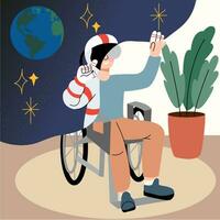 Disabled man in wheelchair with VR headset. Virtual experience, Space Journey vector