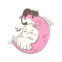 cute cartoon ghost sleeps on a crescent moon with a cat. Halloween character vector illustration in pink retro colors.