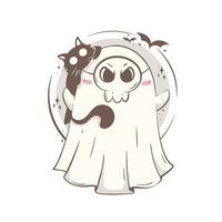 cute cartoon ghost in a skull mask with a cat on his head is trying to scare. Halloween character vector illustration