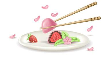 3d realistic japanese dessert Daifuku Mochi with strawberries on a plate. a whole and half a cake in rice dough. Served dish with sakuri flowers and hashi vector