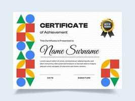 Memphis certificate of achievement template with gold badge. Modern certificate vector. Perfect for employee awards. vector