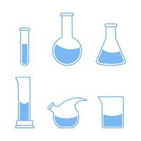 Round and flat-bottomed flasks, test tubes with solutions and reagents. Chemical reaction. Illustration on the topic of chemistry, biotechnology, biology. vector