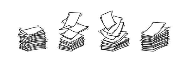 Set of stack of paper pages line art. Blank sheets. Hand drawn doodle vector illustration. Doodle paper heap. Contract document pile