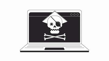 Infected computer virus attack bw outline 2D animation. Laptop malware skull 4K video motion graphic. Leak data. Cyber threats monochrome linear animated cartoon flat concept, white background