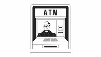 ATM frode bw schema 2d animazione. pirata i soldi ritirarsi 4k video movimento grafico. scrematura informatica crimine. ATM ladro pirateria terminale monocromatico lineare animato cartone animato piatto concetto, bianca sfondo