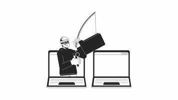 Phishing scam bw outline 2D animation. Wire fraud with fishing rod catching computer folder 4K video motion graphic. Email danger monochrome linear animated cartoon flat concept, white background