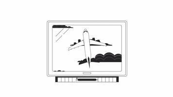 Vintage tv with flying plane bw outline 2D object animation. Watching show. Old fashioned equipment monochrome linear cartoon 4K video. 1990s electronic device animated item isolated on white video