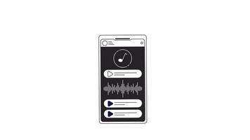 Music player app on smartphone bw outline 2D object animation. Playing song on mobile phone screen monochrome linear cartoon 4K video. Playlist application animated item isolated on white background video