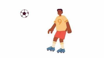 African american player juggling soccer ball 2D character animation. Hitting flat cartoon 4K video, transparent alpha channel. Black male soccer player practice animated person on white background video