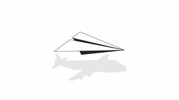 Paper plane shadow bw outline 2D object animation. Transformation change monochrome linear cartoon 4K video. The way forward. Beginnings. Origami transport animated item isolated on white background video