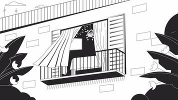 vinka gardiner på mysigt balkong bw översikt tecknad serie animation. 4k video rörelse grafisk. flygande gardiner fönster i solnedgång 2d svartvit linjär animerad bakgrund full ram, lofi leva tapet