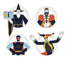 People archetypes flat line color vector characters set. Wizard, king, superhero, jocker. Editable outline full body people on white. Simple cartoon spot illustration collection for web graphic design