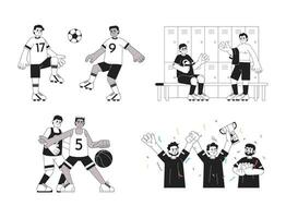 Team sport monochrome concept vector spot illustrations set. Playing football, basketball. Winning 2D flat bw cartoon characters for web UI design. Isolated editable hand drawn hero image collection