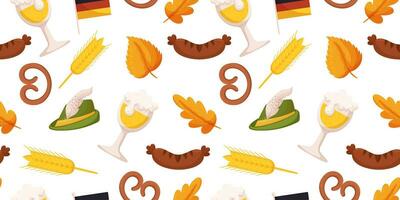 Seamless pattern with German beer festival objects such a glass of beer, grilled sausage, wheat and pretzel, tyrolean hat vector
