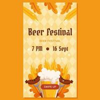 Beer festival vertical social media stories template. Design with glass of beer, forks with grilled sausage, wheat and leaves. Light yellow rhombus pattern vector