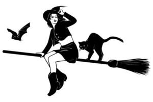 Young Witch flying on a broomstick with cat and bat. Black and white Ink style vector clipart. All figures are separate objects.