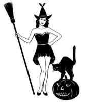 Young Halloween Witch standing with broomstick, cat and pumpkin. Black and white Ink style vector clipart. All figures are separate objects.