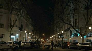 nacht straat bekleed met bomen lantaarns en geparkeerd auto's. valencia, Spanje video
