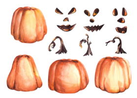 Funny spooky Halloween design set, assemble it yourself. All parts separate, eyes, nose, smile, orange-yellow pumpkin and pumpkin stem. Watercolor illustration png