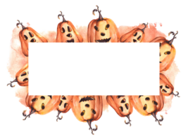 glücklich Halloween Kürbis unheimlich Gesicht. Platz rahmen, Banner mit Orange Aquarell Flecken. Herbst Aquarell Illustration Hand malen. Halloween Feier Karten, Flyer, Banner png