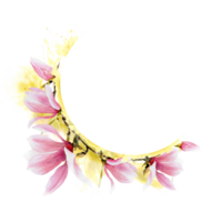 bloemen kader met waterverf roze magnolia bloemen, knoppen, bladeren hand- geschilderd illustratie met groen waterverf vlekken. ontwerp voor bruiloft uitnodigingen en groet kaarten png