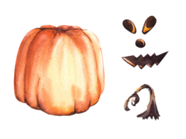 Funny spooky Halloween design set, assemble it yourself. All parts separate, eyes, nose, smile, orange-yellow pumpkin and pumpkin stem. Watercolor illustration png