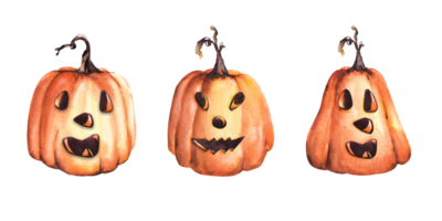 pumpa halloween uppsättning. vattenfärg illustration skrämmande ansikte. hand dragen halloween domkraft pumpa huvud element. design för skriva ut, klistermärken, kort, logotyper png