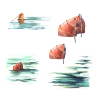 Watercolor maritime set Red buoys at sea, waves and splashes Hand painted illustration Elements for maritime design stickers, cards, print, website, vacation advertisement. png