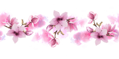 bloem naadloos grens patroon. hand- geschilderd illustratie van Purper magnolia tak met roze waterverf vlekken.horizontaal herhalen grens, banier, behang, omhulsel papier. png