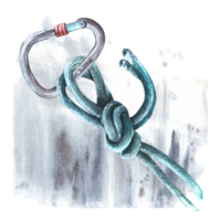 Carabiner rope knot Watercolor bouldering illustration on a grey watercolour stain. Hand drawn illustration Boulder equipments Climbing set for design of stickers cards, print logo png