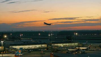 avond visie van vliegtuigen Bij terminal d van sheremetyevo luchthaven in Moskou, Rusland video