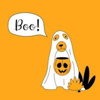 Vector Halloween poster with a dog dressed like a ghost holding jack o lantern a Boo inscription.